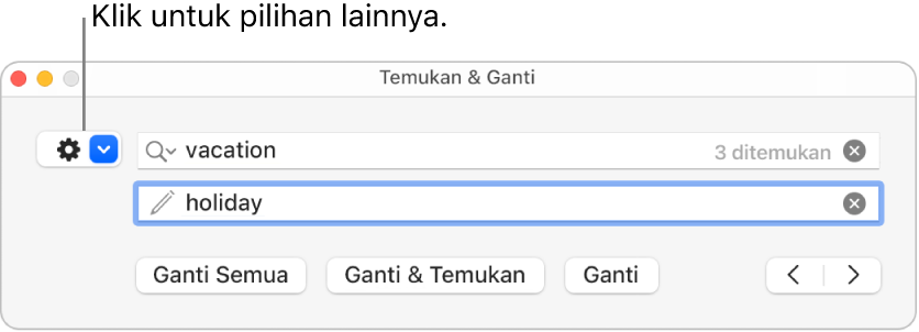 Jendela Temukan & Ganti dengan keterangan pada menu pop-up yang menampilkan pilihan lainnya.