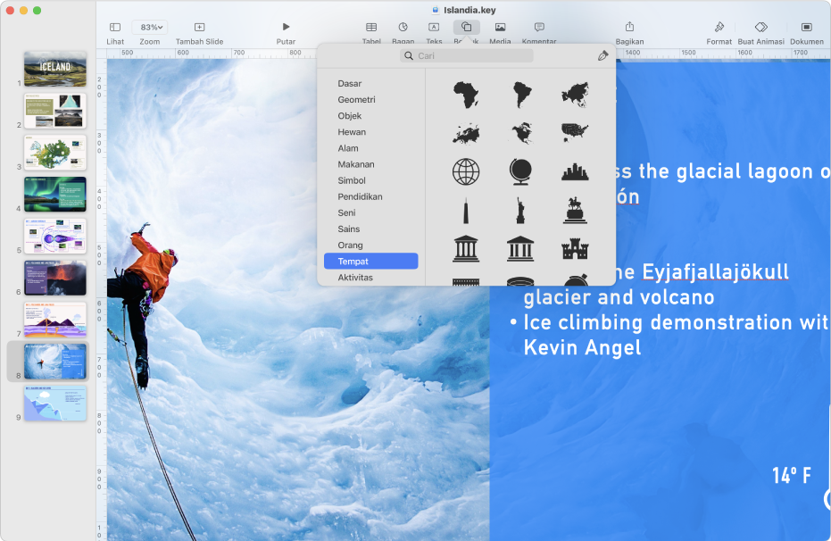 Jendela Keynote dengan menu Bentuk dibuka dari bar alat.