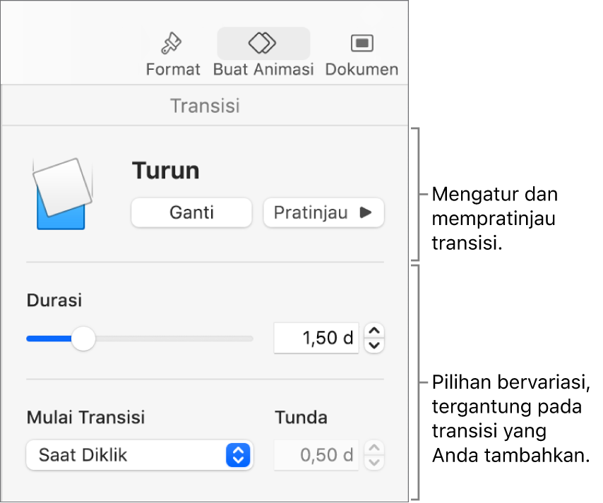 Kontrol Transisi di bagian Transisi pada bar samping.