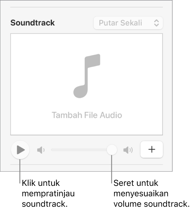 Kontrol Soundtrack dengan tombol Putar dan penggeser volume dijelaskan.