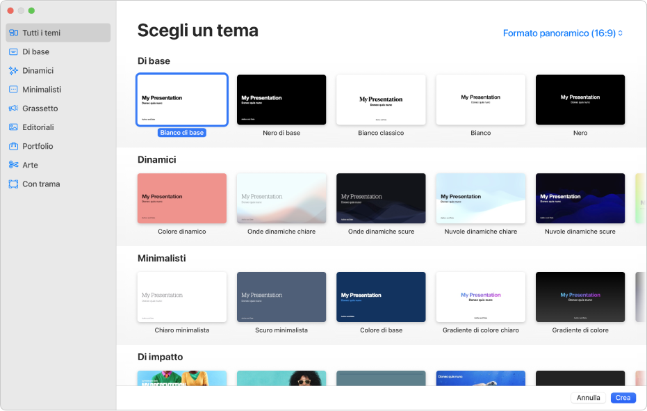 Scelta temi. Una barra laterale sulla sinistra elenca le categorie di temi su cui puoi fare clic per filtrare le opzioni. Sulla destra ci sono delle miniature di temi con design predefinito disposti in riga per categoria, a partire da “Di base” in cima e seguiti da Dinamico, Minimalisti e “Di impatto”. Nell’angolo in basso a destra, sono visibili i pulsanti Annulla e Crea.
