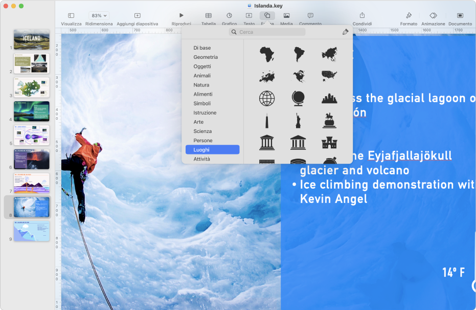 La finestra di Keynote con il menu Forma aperto dalla barra strumenti.