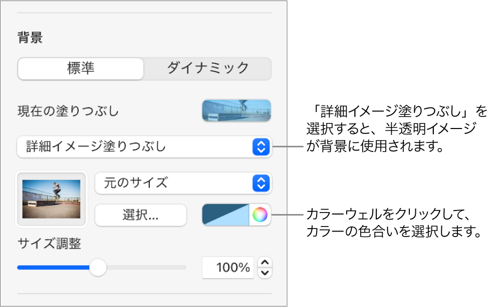 「背景」コントロール。半透明の「詳細画像塗りつぶし」がスライドの背景に設定されています。