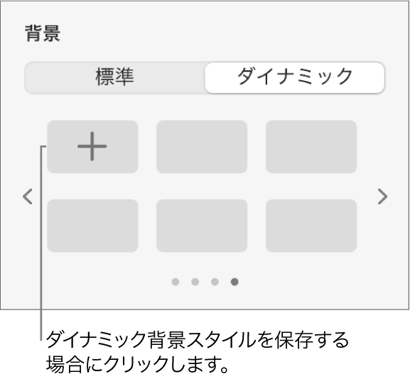 「フォーマット」サイドバーの「背景」セクションで選択されている「ダイナミック」ボタン。「スタイルを追加」ボタンが表示されています。