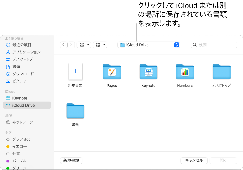 「開く」ダイアログ。左側でサイドバーが開いていて、上部のポップアップメニューで「iCloud Drive」が選択されています。ダイアログには「Keynote」、「Numbers」、およびPagesのフォルダと、「新規書類」ボタンが表示されています。