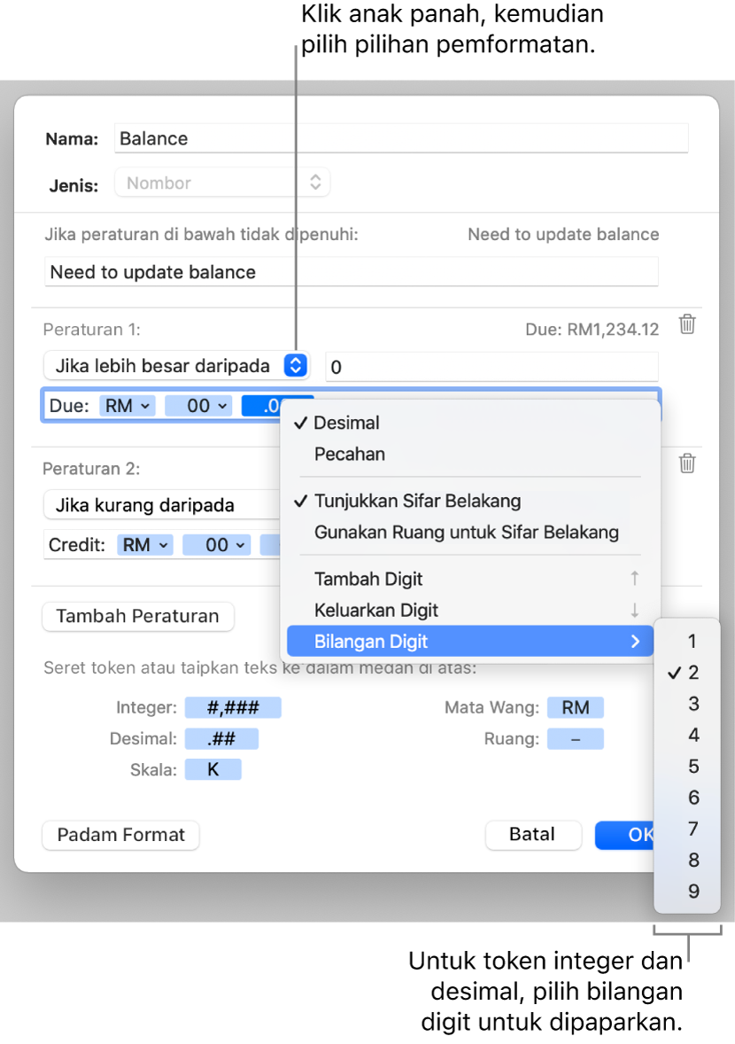 Tetingkap format sel tersuai dengan kawalan untuk memilih pemformatan nombor tersuai.