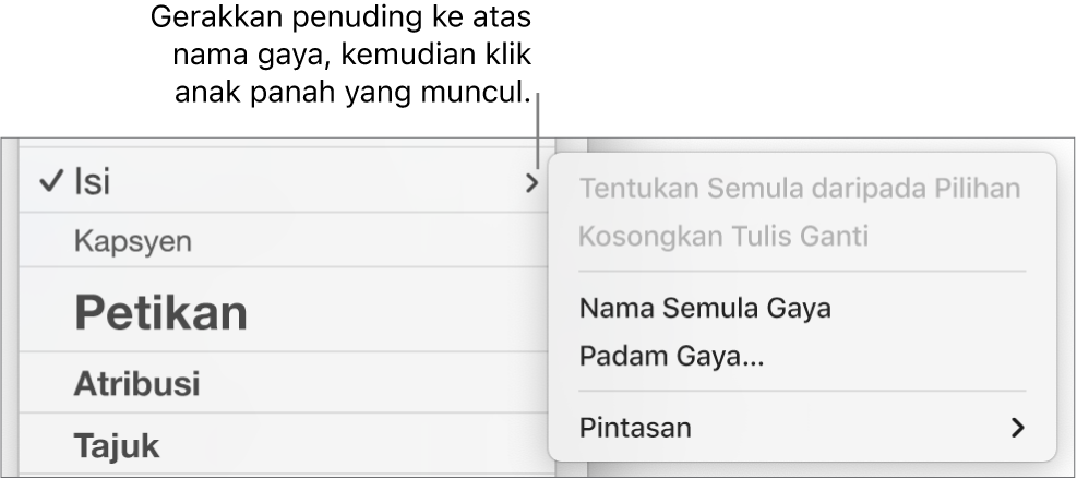 Menu Gaya Perenggan dengan menu pintasan terbuka.