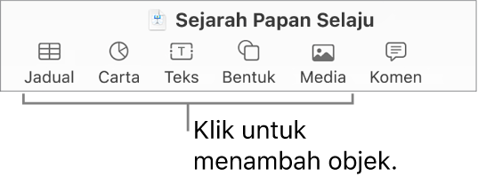 Bar alat Keynote menunjukkan butang yang digunakan untuk menambah objek pada slaid.