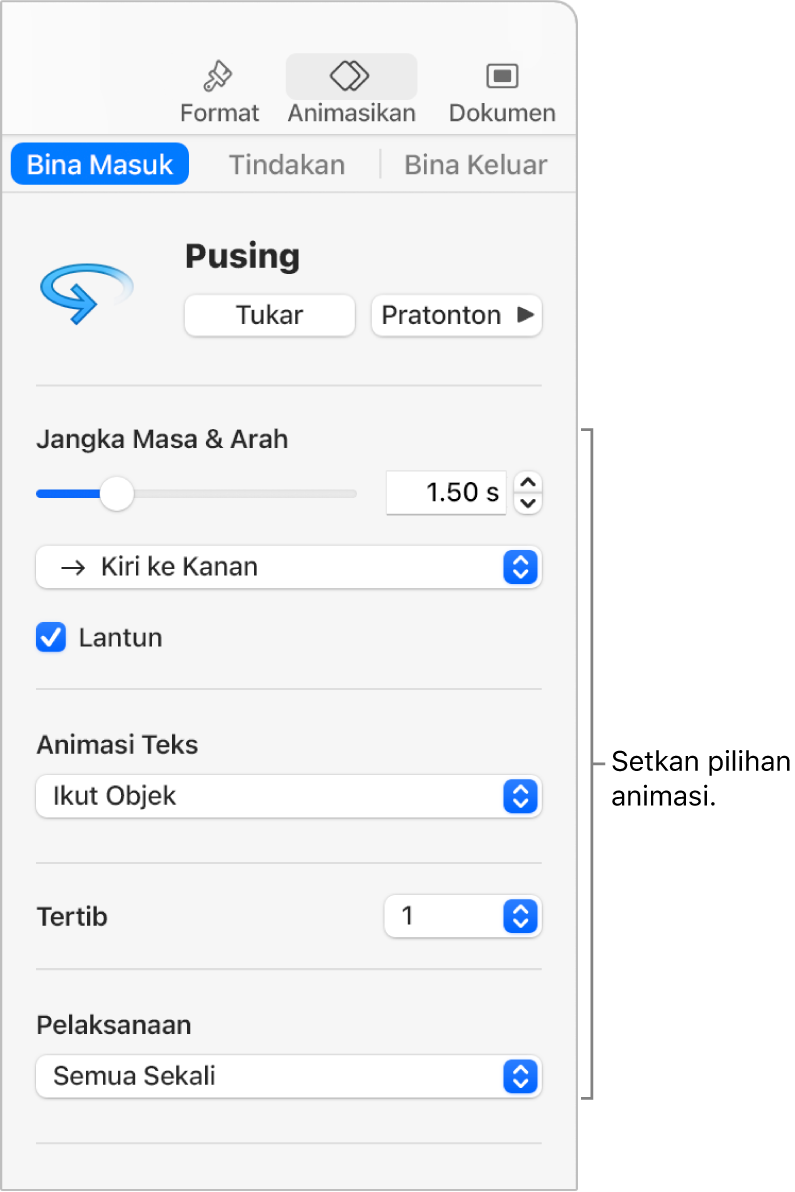 Pilihan bina masuk dalam bahagian Animasi pada bar sisi.