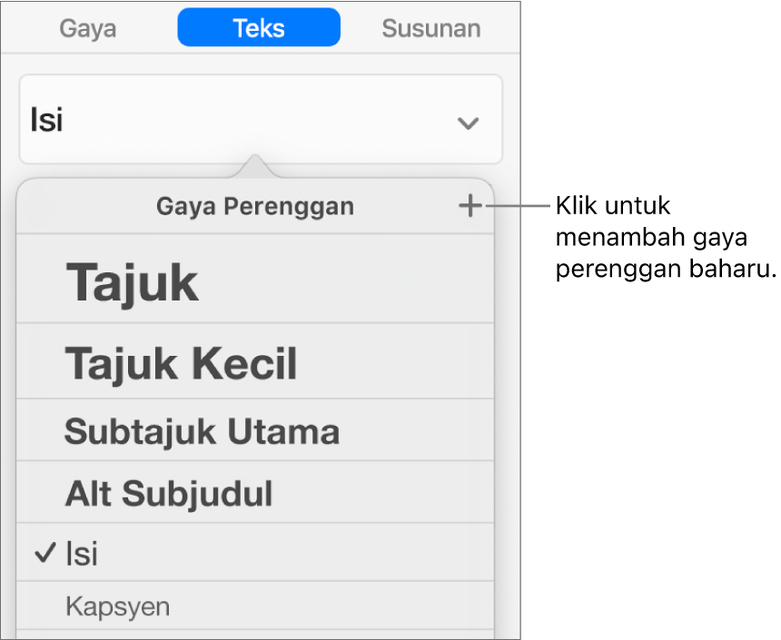 Menu Gaya Perenggan dengan petak bual ke butang Gaya Baharu.
