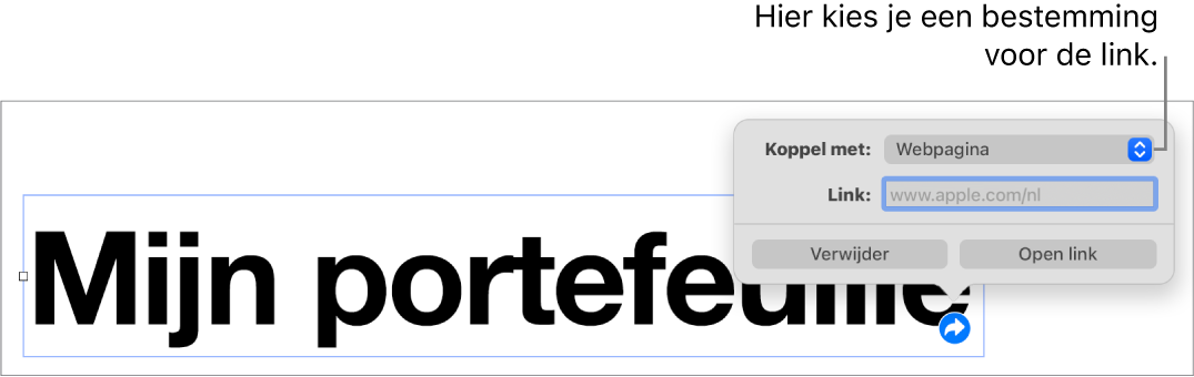 De regelaars in de linkeditor. 'Webpagina' is geselecteerd en onderaan staan de knoppen 'Verwijder' en 'Open link'.