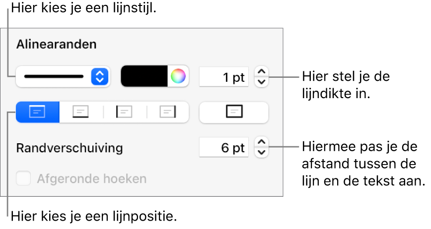 Regelaars voor het wijzigen van de stijl, dikte, positie en kleur van de lijn.