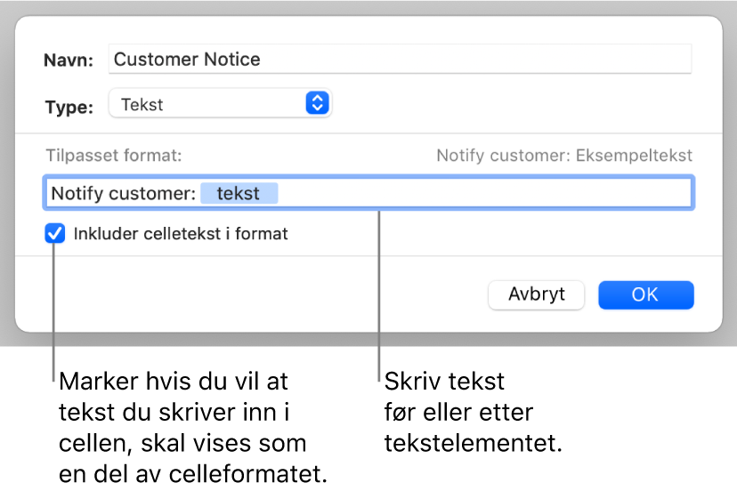 Tilpasset tekstcelleformat.
