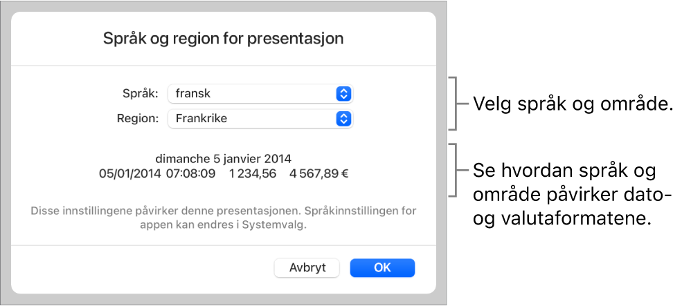 Språk og region-panelet med kontroller for språk og område, og et formateksempel med dato, klokkeslett, desimaler og valuta.