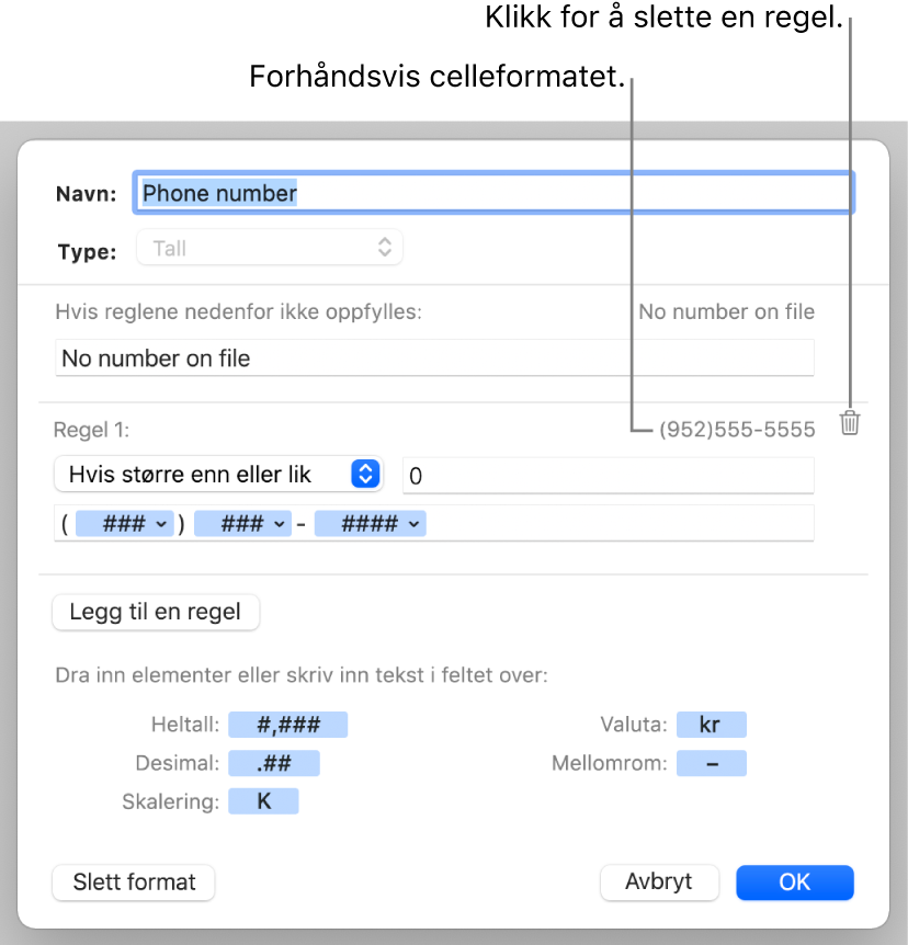 Tilpasset tallcelleformat med regler.