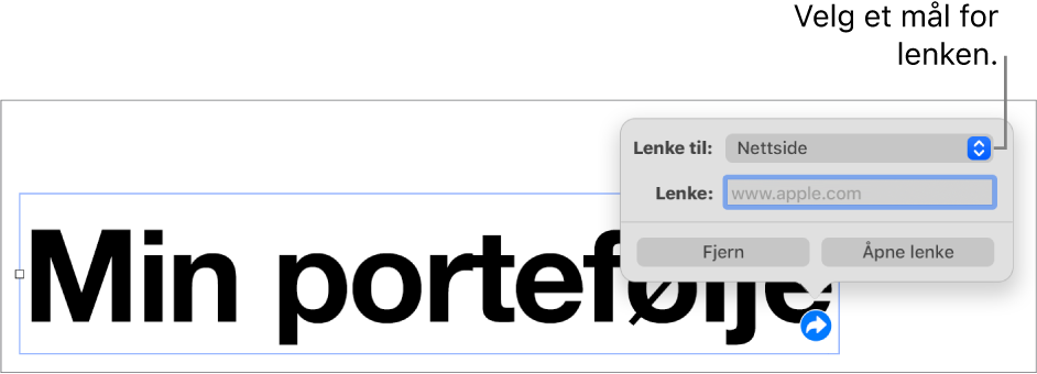 Lenkeredigerer-kontrollene med Nettside markert, og Fjerne lenke- og Åpne lenke-knappene nederst.