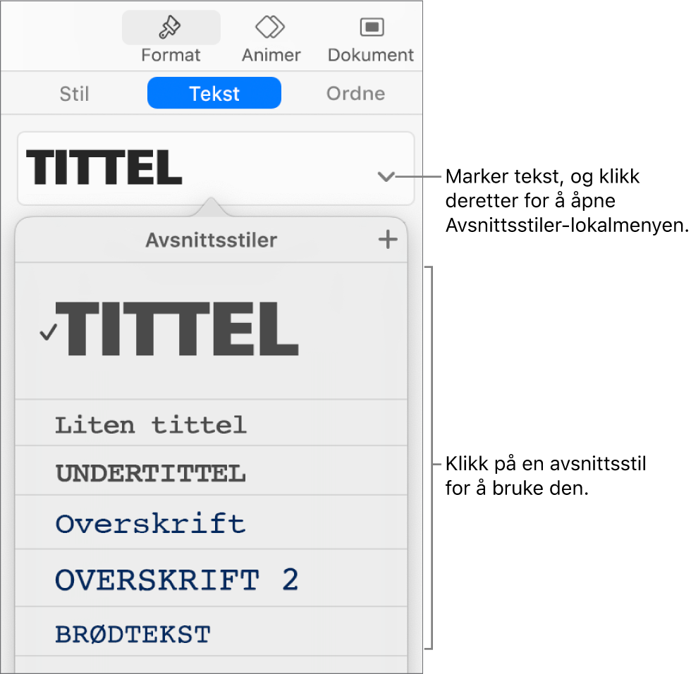 Avsnittsstiler-menyen, med et hakemerke ved siden av den markerte stilen.
