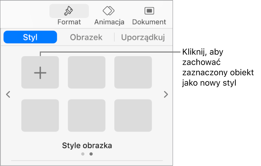 Karta Styl na pasku bocznym Format, zawierająca jeden styl pola tekstowego, przycisk Utwórz styl widoczny po prawej oraz cztery puste pola przeznaczone na style.