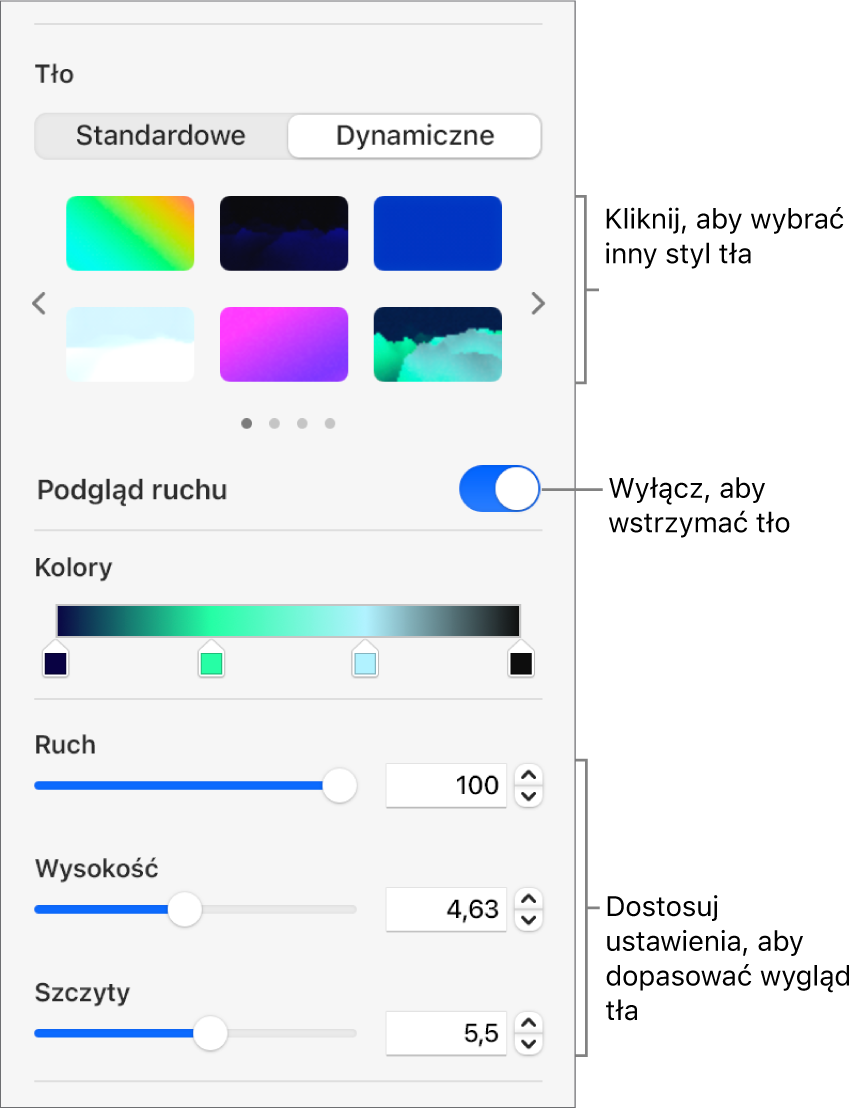 Przycisk Dynamiczny zaznaczony w sekcji Tło na pasku bocznym Format z pokazanymi dynamicznymi stylami tła, narzędziem Podgląd ruchu i narzędziami wyglądu.