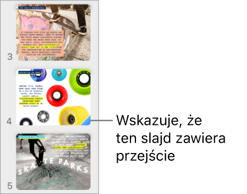 Niebieski trójkąt na slajdzie wskazuje, że do slajdu dodane zostało przejście.
