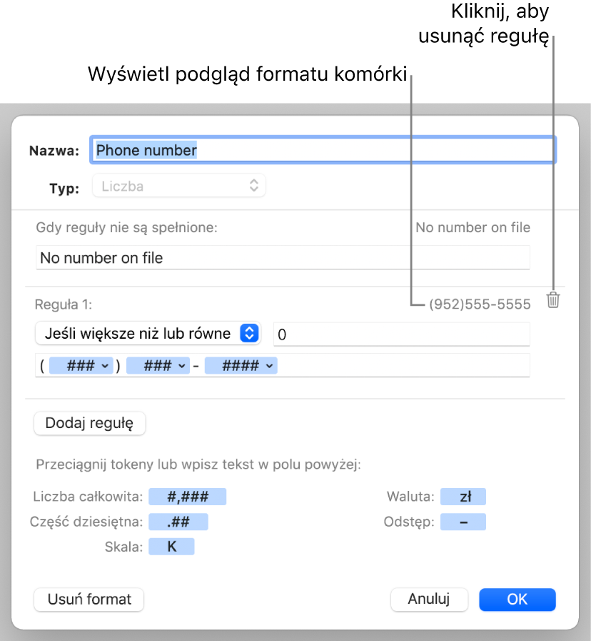 Format własny komórki z regułami.