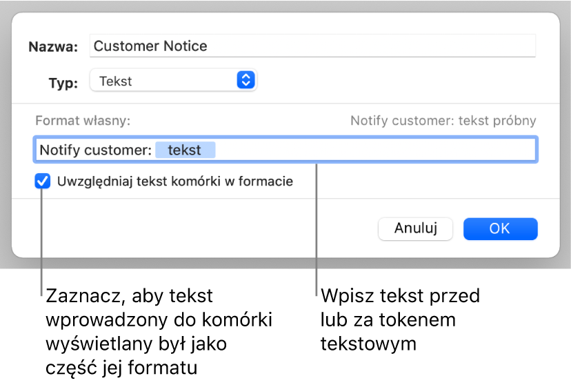 Format własny komórki z tekstem.