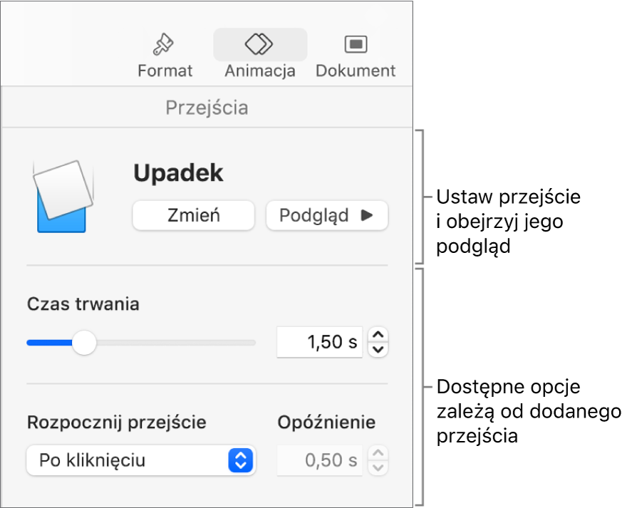 Narzędzia przejść w sekcji Przejścia paska bocznego.