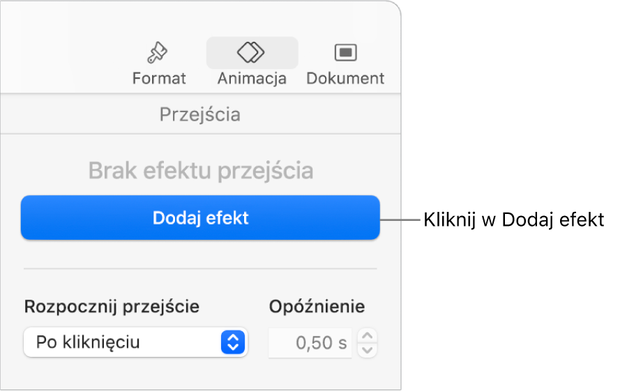 Przycisk Dodaj efekt w sekcji Animacja na pasku bocznym.