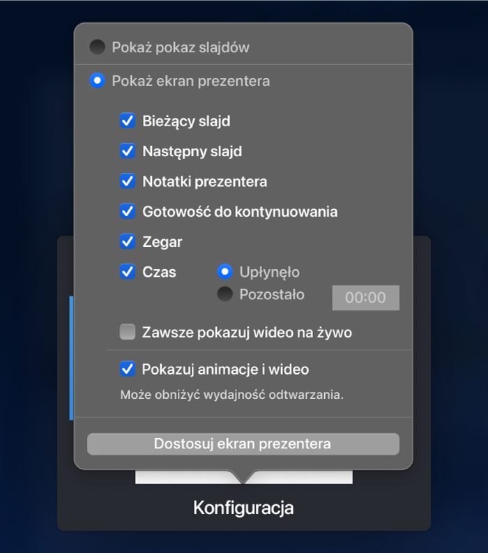 Opcje dotyczące elementów, które ma być wyświetlane na poszczególnych ekranach. Możesz wyświetlić pokaz slajdów lub ekran prezentera, który ma następujące opcje: Bieżący slajd, Następny slajd, Notatki prezentera, wskaźnik gotowości do kontynuowania, Zegar oraz Czas. Licznik czasu pozwala na wyświetlanie czasu od rozpoczęcia lub czasu pozostałego do końca.