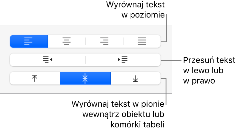Sekcja Wyrównanie na pasku bocznym, zawierająca przyciski do wyrównywania tekstu w poziomie, przesuwania tekstu w lewo lub w prawo oraz wyrównywania tekstu w pionie.
