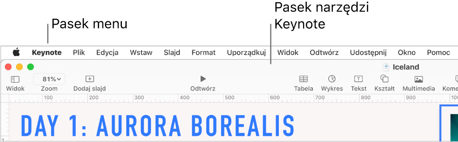 Pasek menu na górze ekranu zawierający menu Apple, Keynote, Pages, Plik, Edycja, Wstaw, Format, Uporządkuj, Widok, Odtwórz, Udostępnij, Okno oraz Pomoc. Poniżej paska menu widoczna jest otwarta prezentacja Keynote zawierająca w górnej części pasek narzędzi z przyciskami Widok, Zoom, Dodaj slajd, Odtwórz, Tabela, Wykres, Tekst, Kształt oraz Multimedia.