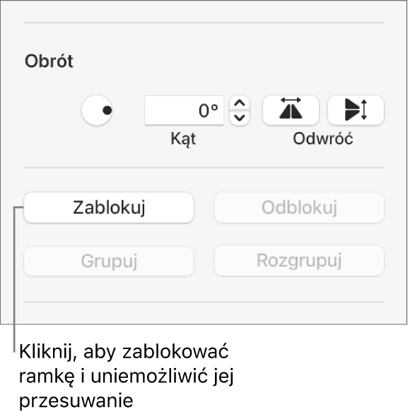 Narzędzia Obrót, Zablokuj oraz Grupuj z wyróżnionym przyciskiem Zablokuj.