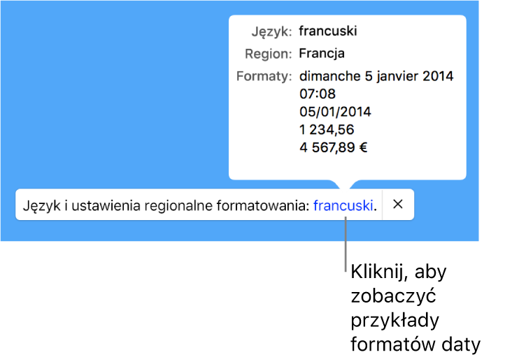Powiadomienie o różnicy ustawień dotyczących języka i regionu, pokazujące przykłady formatowania używanego w wybranym języku i regionie.