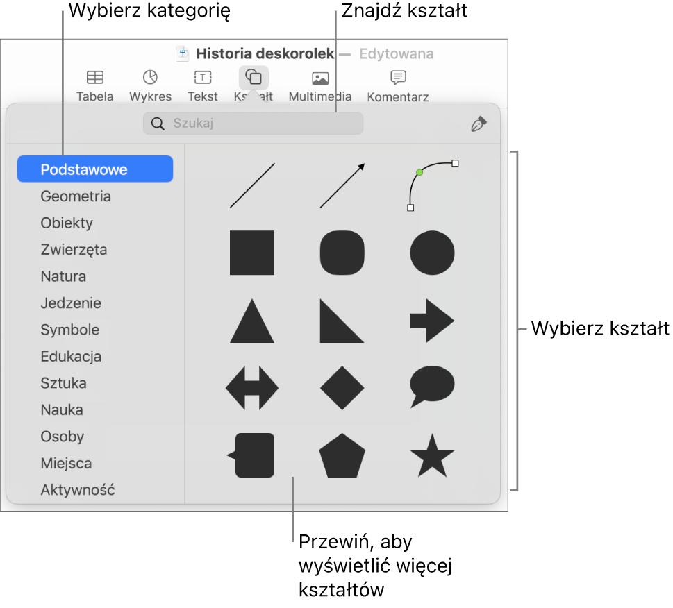 Biblioteka kształtów, po lewej widoczna jest lista kategorii, a po prawej wyświetlane są kształty. Możesz użyć znajdującego się na górze pola wyszukiwania, aby wyszukiwać kształty. Przewiń, aby zobaczyć ich więcej.