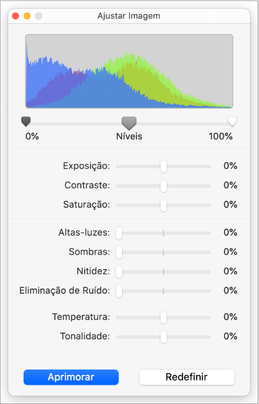 Janela Ajustar Imagem com controles deslizantes para ajuste de exposição, contraste, saturação, altas-luzes, sombras, nitidez, redução de ruído, temperatura e tonalidade.