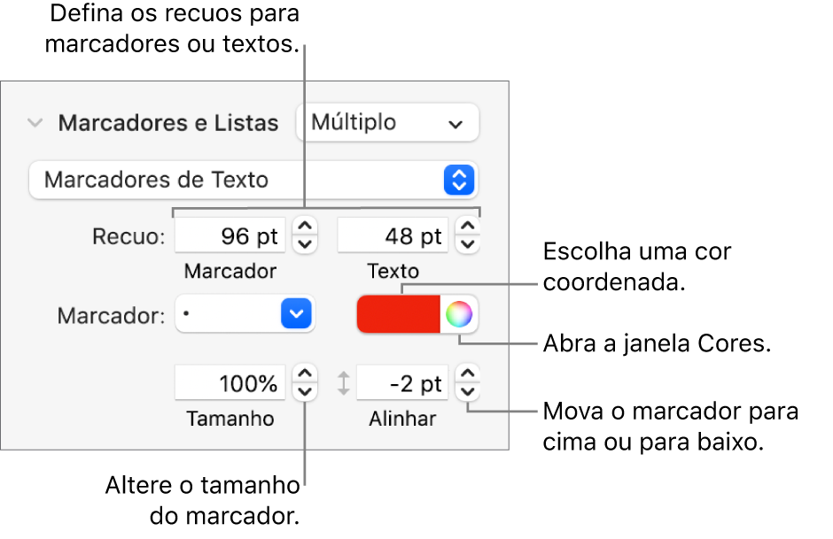 Seção Marcadores e Listas com chamadas para os controles de recuo de marcador e texto, cor de marcador, tamanho de marcador e alinhamento.