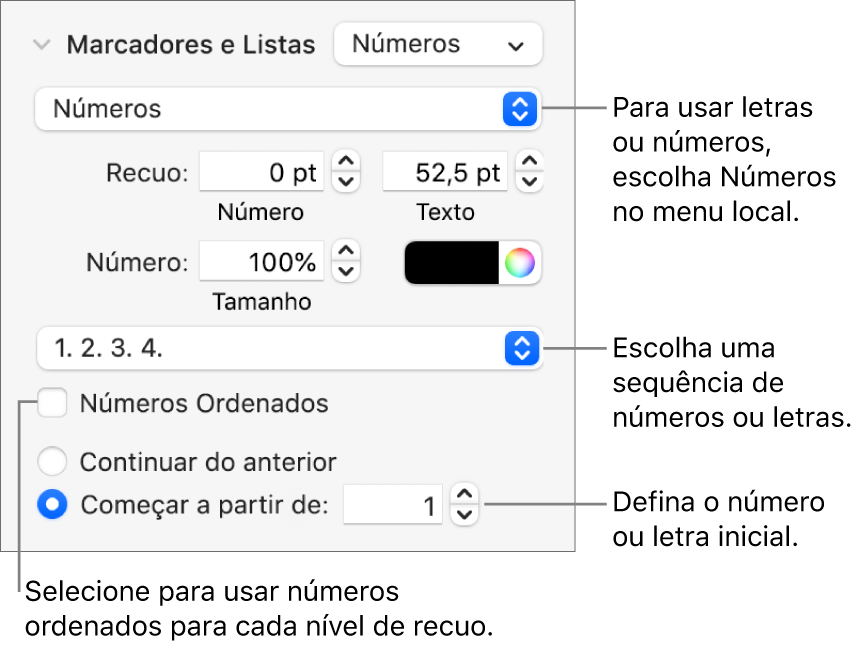 Controles para alterar o estilo dos números e espacejamento de uma lista.