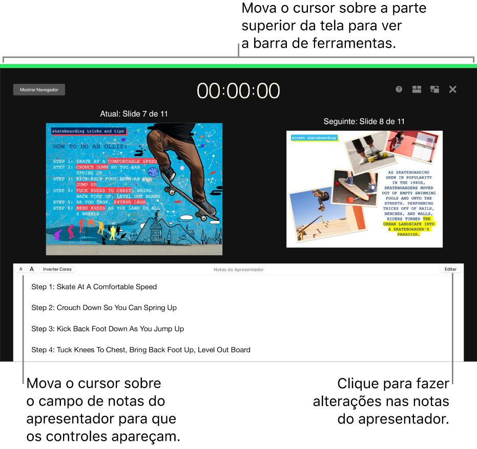 A apresentação do Keynote aparece com botões para abrir e fechar o navegador de slides e exibir opções na parte superior da tela. O slide atual e o seguinte aparecem no meio da tela, com o campo Notas do Apresentador na parte inferior.
