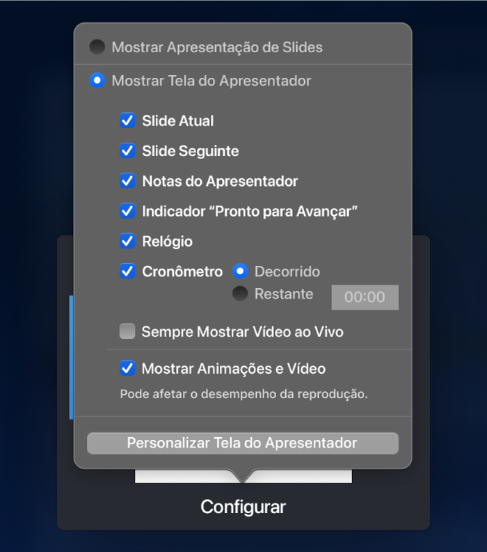 Opções do que mostrar em cada monitor. Você pode exibir a apresentação de slides ou o monitor do apresentador, que possui opções como Slide Atual, Slide Seguinte, Notas do Apresentador, Indicador Pronto para Avançar, Relógio e Timer. O timer tem opções adicionais para mostrar o tempo decorrido ou o tempo restante.