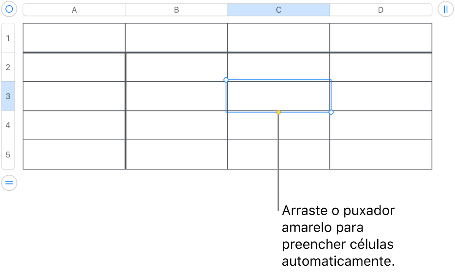 Uma célula selecionada com um puxador amarelo que pode ser arrastado para preencher células automaticamente.