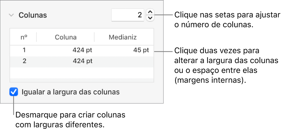 Os controles na seção colunas para alterar o número de colunas e a largura de cada coluna.