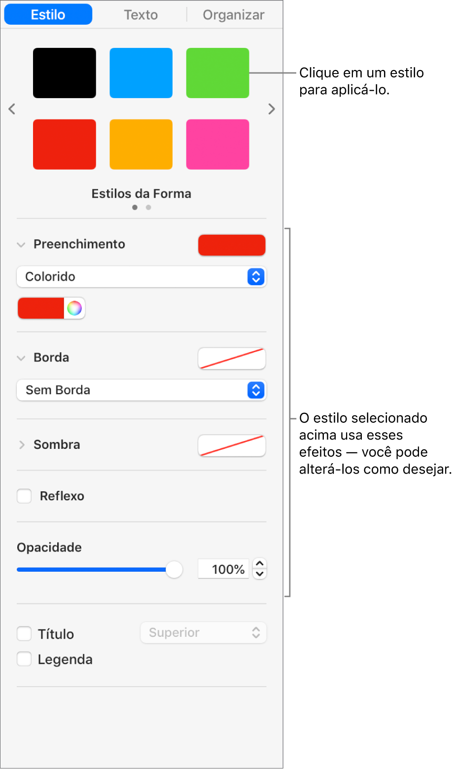 Estilos e opções de forma na seção Formatar da barra lateral.