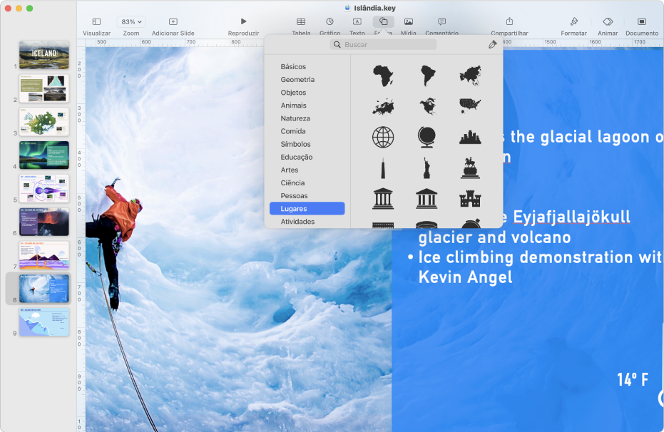 Uma janela do Keynote com o menu Forma aberto a partir da barra de ferramentas.