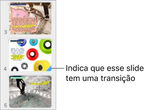 Um triângulo azul em um slide indica que o slide tem uma transição.