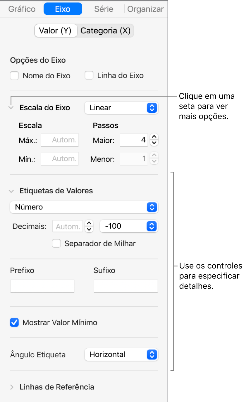 Controles para formatação de marcações de eixo do gráfico.