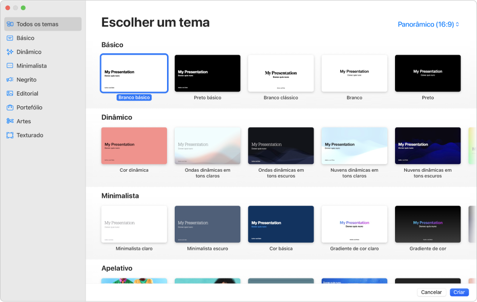 A lista de temas. Uma barra lateral à esquerda lista as categorias do tema onde pode clicar para filtrar opções. À direita estão visíveis miniaturas de temas preconcebidos organizados em linhas por categoria, que começam por “Básico” na parte superior e “Dinâmico”, “Minimalista” e “Negrito” posteriormente. Os botões “Cancelar” e “Criar” estão no canto inferior direito.
