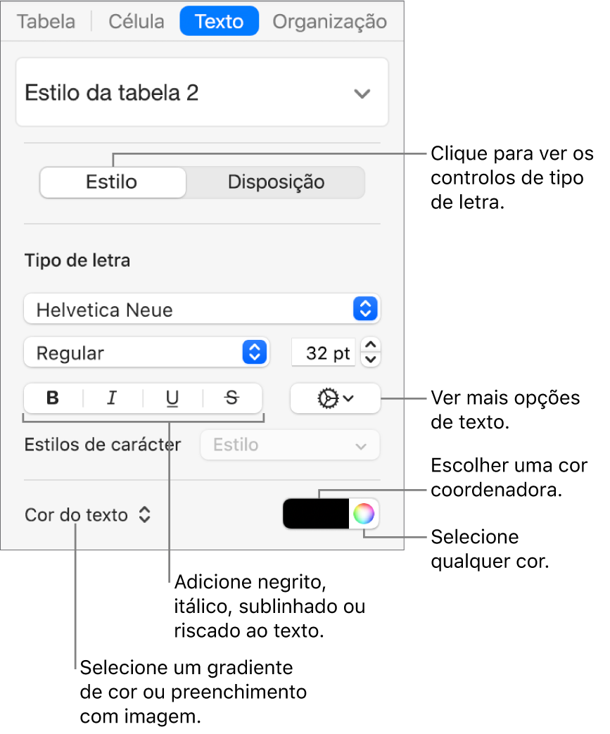 Os controlos para o estilo do texto de uma tabela.