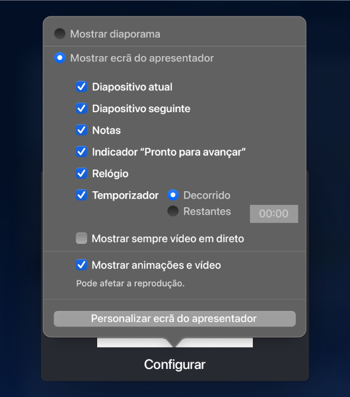 Opções para o que pode ser mostrado em cada ecrã. Pode mostrar o diaporama ou mostrar o ecrã do apresentador, que inclui opções como “Diapositivo atual”, “Diapositivo seguinte”, Notas, “Indicador ‘Pronto para avançar’”, “Relógio” e “Temporizador”. O temporizador tem opções adicionais para mostrar o tempo decorrido ou o tempo que falta.