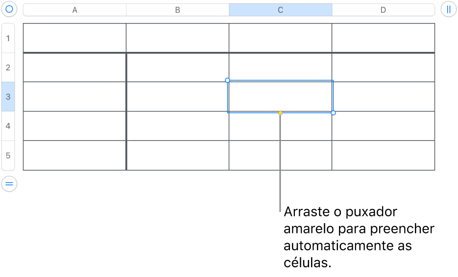 Uma célula selecionada com um puxador amarelo que pode arrastar para preencher automaticamente as células.