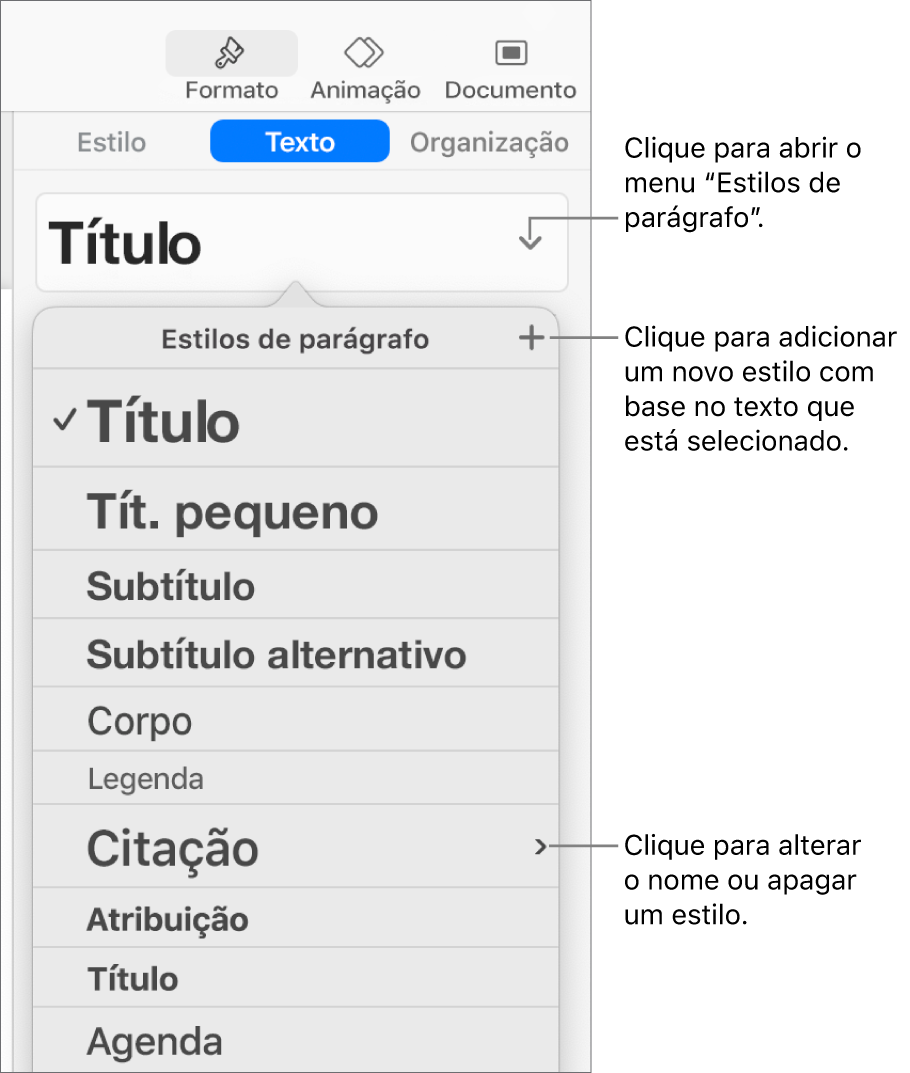 O menu “Estilos de parágrafo”, mostrando os controlos para adicionar ou alterar um estilo.